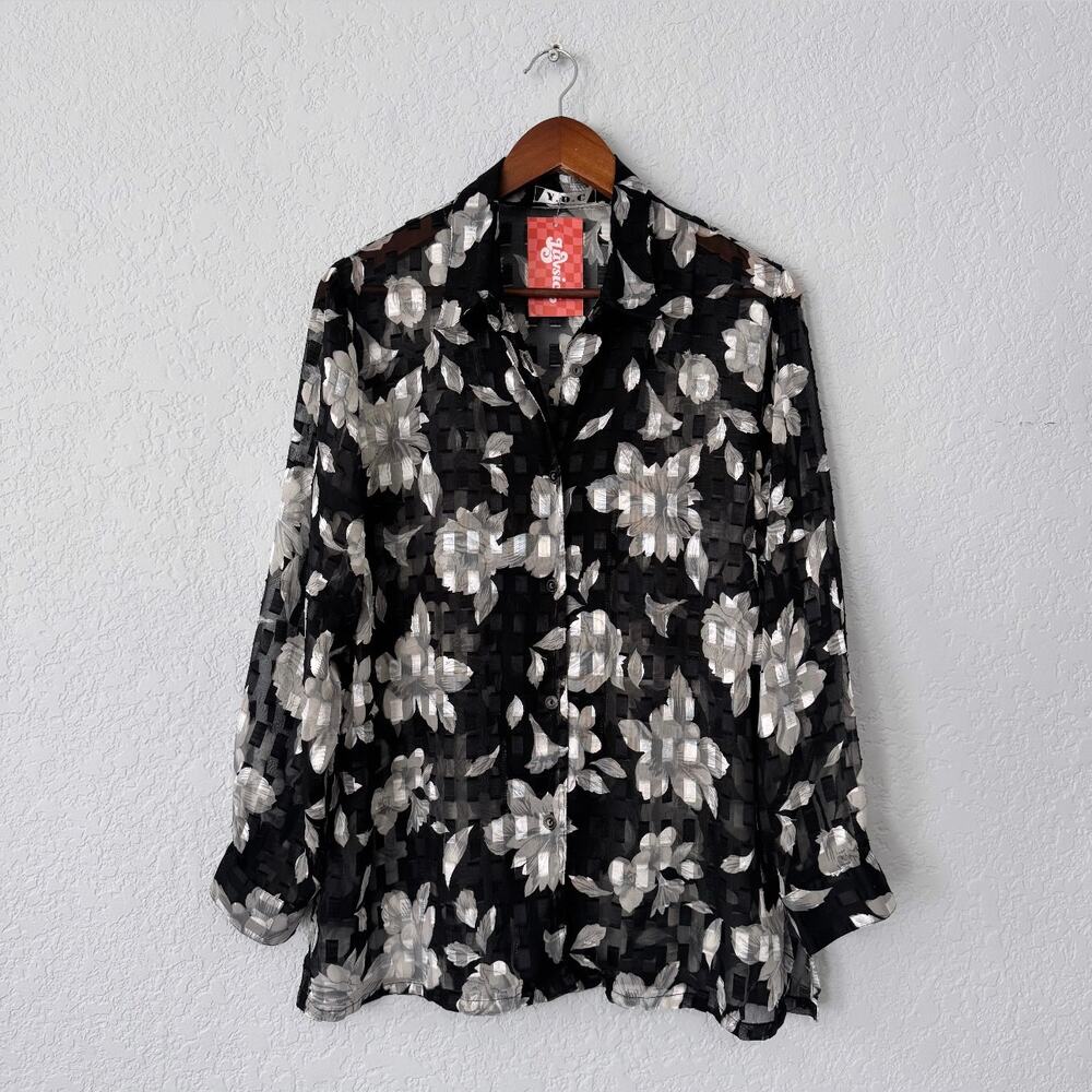 ydc vintage black floral print sheer lightweight button up blouse size large